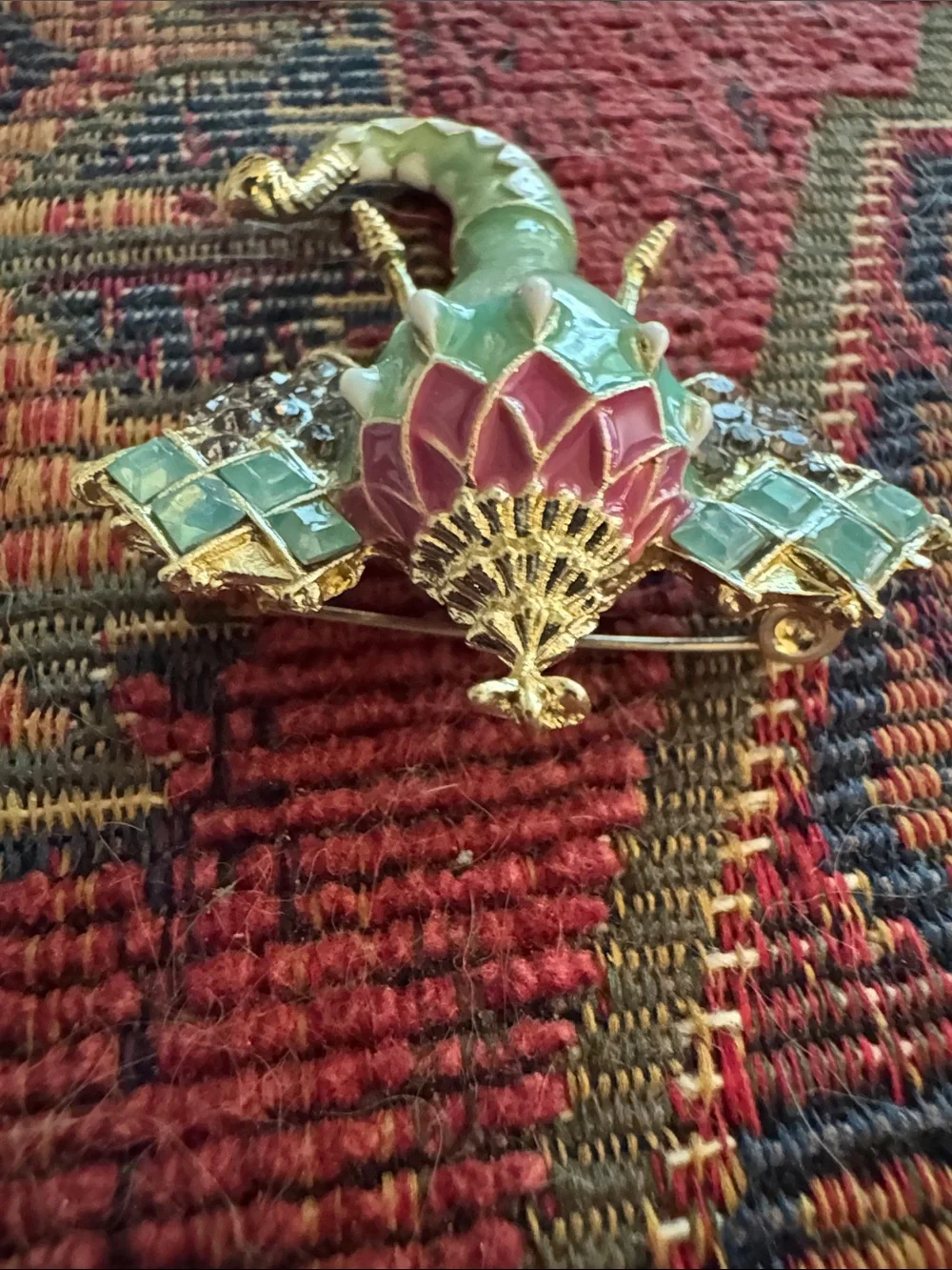 NWOT Gold-Tone Mint Green Elephant Brooch with Pink Accents